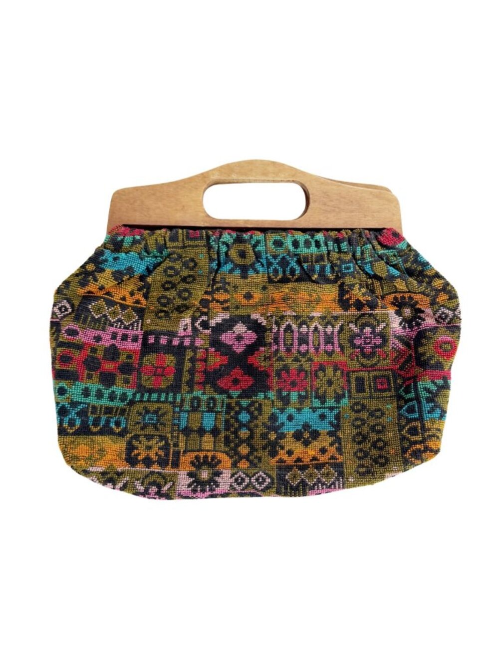 VTG 70s tapestry Patchwork Carpet Bag Boho Wooden Handle Statement Clutch Purse